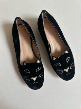 Charlotte Olympia Black Velvet Cat-Embroidered Slip-On Flats